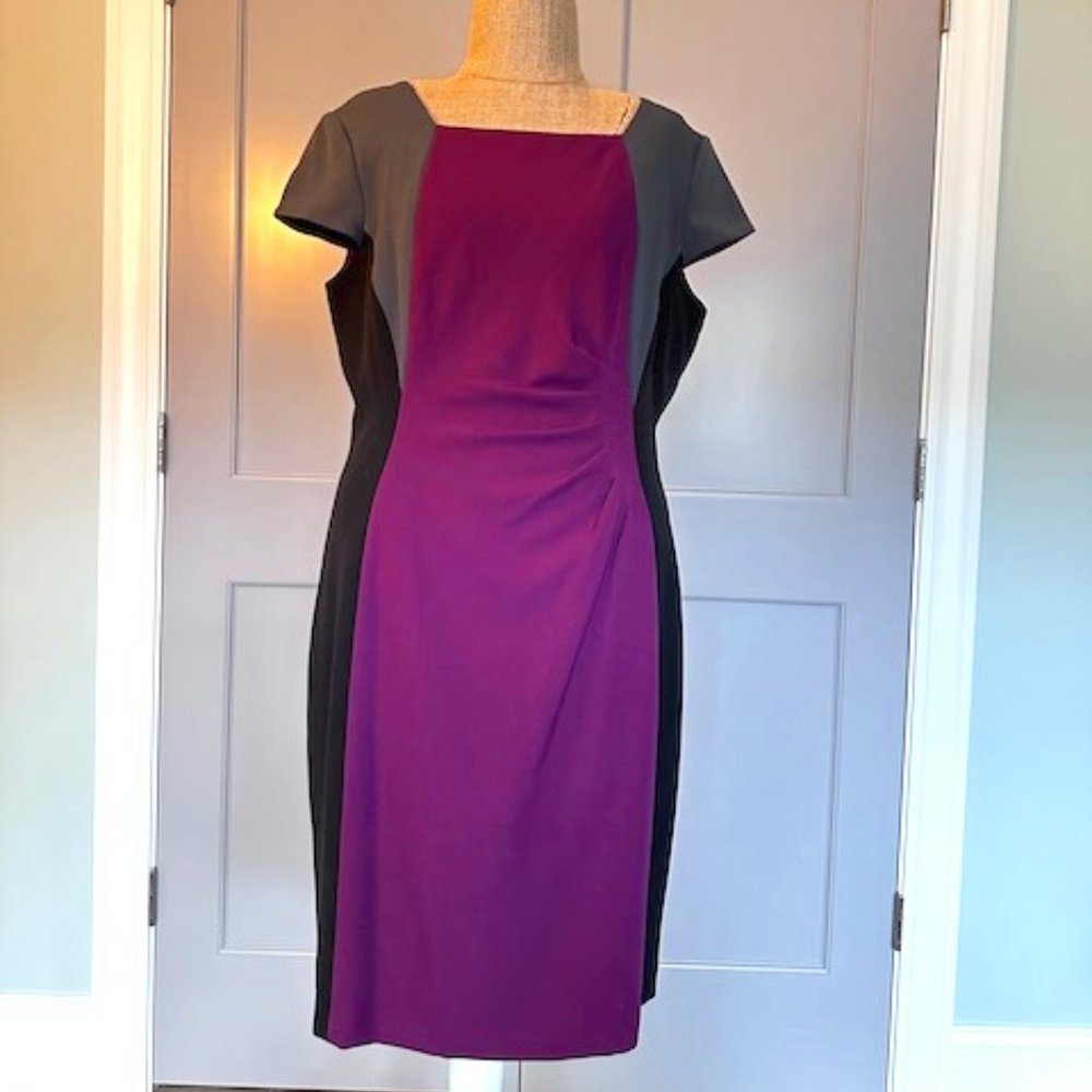 TAHARI ARTHUR S LEVINE | Ruched Tri-Color Cap Sleeved Dress, size 14